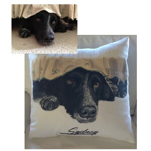 May include: A white pillow with a black and white illustration of a dog peeking out from under a blanket. The dog's name, "Sydney", is written in cursive at the bottom of the pillow.