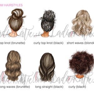May include: Illustration of six different hairstyles for moms, including a top knot, curly top knot, short waves, long waves, long straight hair, and curly hair. The hairstyles are shown on women with different hair colors, including brunette, black, and blonde.