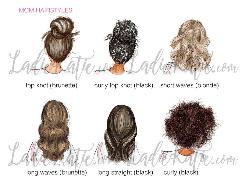 May include: Illustration of six different hairstyles for moms, including a top knot, curly top knot, short waves, long waves, long straight hair, and curly hair. The hairstyles are shown on women with different hair colors, including brunette, black, and blonde.