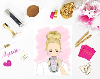 Print of original girl boss, coffee lover illustration, Girl Boss Art, Bossy Babe Art, Coffee Lover Art,  girl boss print, custom girlboss