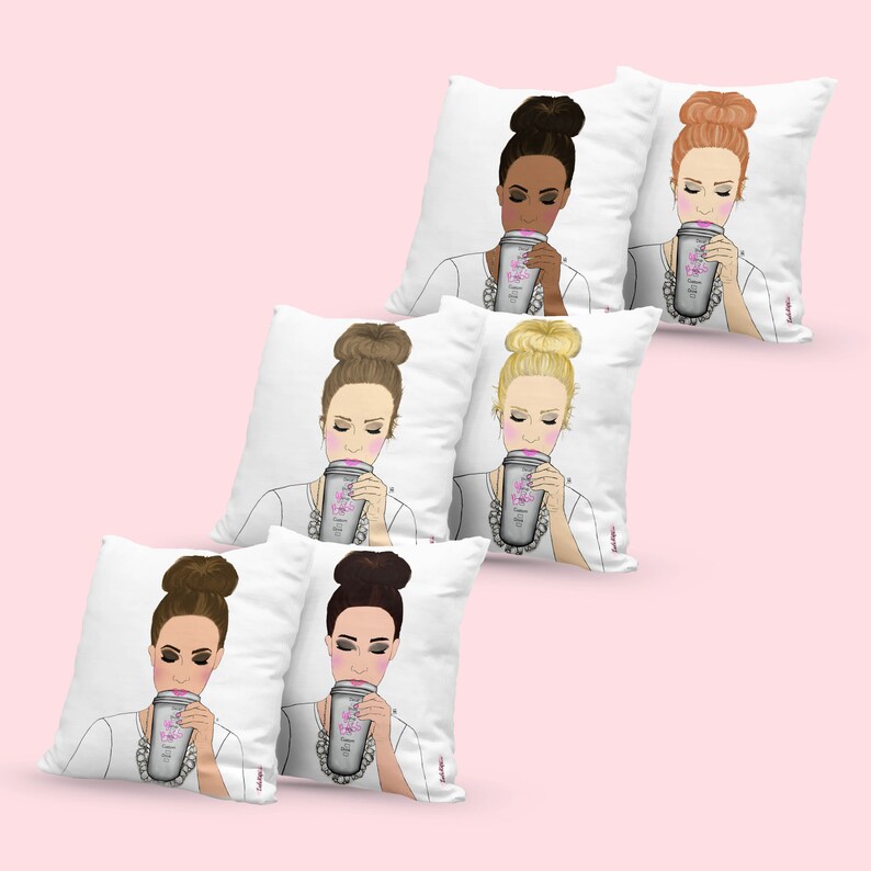 May include: Set of five white throw pillows with a graphic design of a woman with a bun drinking from a cup. The woman has different hair colors on each pillow: brown, blonde, black, brown, and black.