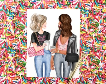 rubia, morena, besties impresión, estampado bff, café, arte femenino, regalos para ella, impresión femenina, besties, mejor amigo arte, mejor regalo amigo