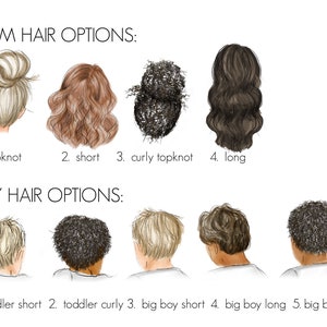 May include: Illustration of different hair styles for a mom and a boy.  The mom hair styles include a topknot, short hair, curly topknot, and long hair. The boy hair styles include toddler short, toddler curly, big boy short, big boy long, and big boy curly.