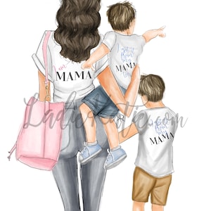 May include: A woman with long brown hair is walking with two boys. The woman is wearing a white t-shirt with the text "I am MAMA" on it. The boys are wearing white t-shirts with the text "I got it from my MAMA too" on them. The woman is carrying a pink tote bag.