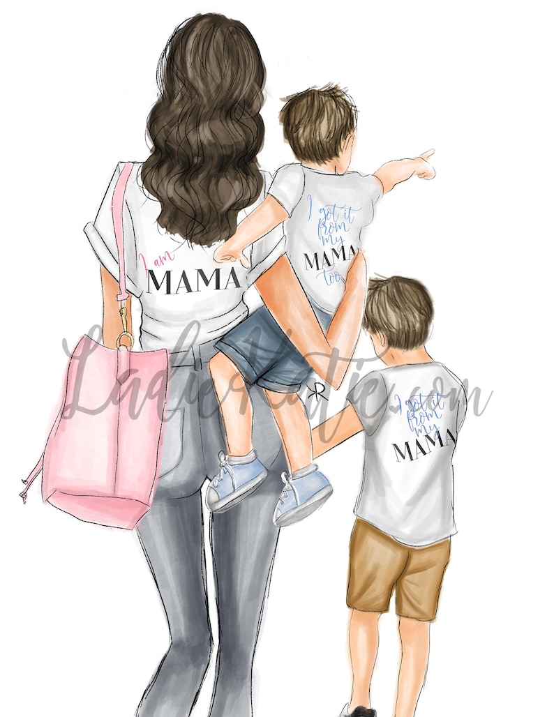 May include: A woman with long brown hair is walking with two boys. The woman is wearing a white t-shirt with the text "I am MAMA" on it. The boys are wearing white t-shirts with the text "I got it from my MAMA too" on them. The woman is carrying a pink tote bag.