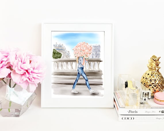 London watercolor, flower watercolor, london art, flower art, fashion art, gifts for her, fashion sketch, fashion lover, girly girl