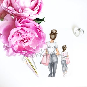 May include: Illustration of two women wearing white t-shirts with the text "Girl Mama" and "I got it from my Mama" on the back. The women are wearing jeans and holding pink tote bags.