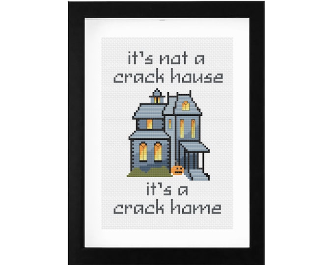 5x7 - "Haunted Crack Home" Decorative Cross Stitch Art with Frame