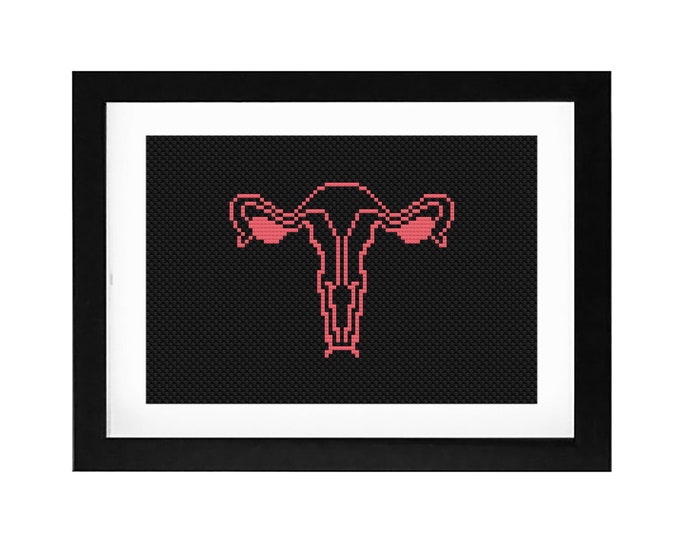 5x7 - Neon Uterus Decorative Cross Stitch Art with Frame