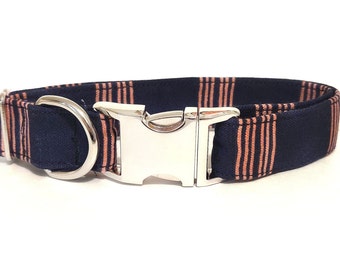 Navy peach striped unisex dog collar - "Beachy Baby"