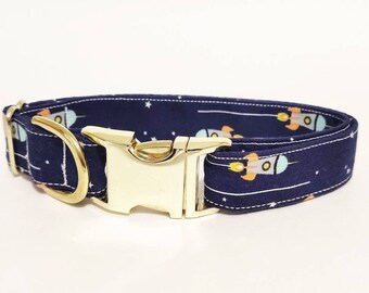 Spaceship rocket galaxy gold dog collar - "Rocket Dog"