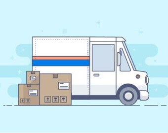 May include: A white delivery truck with a blue and pink stripe on the side, with three cardboard boxes stacked next to it.