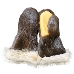 May include: A pair of brown fur mittens with a white fur trim and yellow leather palms.