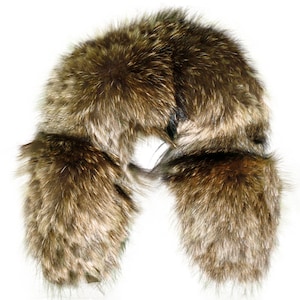 May include: A brown and gray fur collar with a long, fluffy texture.
