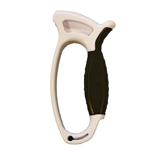 May include: White and black handheld knife sharpener with a textured black handle.