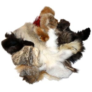 May include: A collection of various animal furs in different colors and textures, including brown, black, white, and gray. The furs are arranged in a pile, with some of the tails visible.