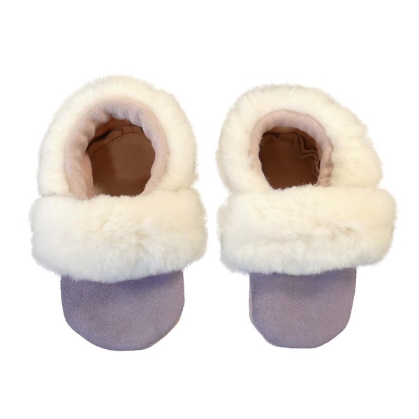 Genuine Leather and Cream Plucked and Sheared Beaver Fur Baby Moccasins/Slippers