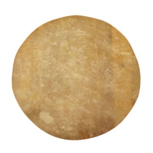 May include: A round, light brown leather drum head with a slightly textured surface.