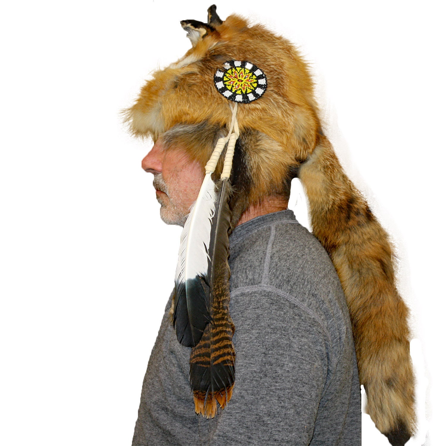 Glacier Wear Red Fox Fur Mountain Man Hat Feathers and Rosette