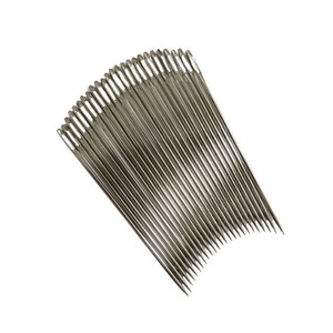 May include: A collection of silver sewing needles arranged in a fan shape. The needles are thin, with a small eye at the top and a sharp point at the bottom. The needles are made of metal and are on a white background.