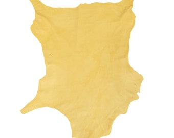 May include: A pale yellow leather hide with a slightly irregular shape.