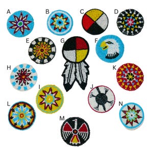 May include: A set of 14 round beaded Native American designs, each with a different pattern and color scheme. The designs include a medicine wheel, an eagle, and various geometric patterns. The designs are all on a white background.
