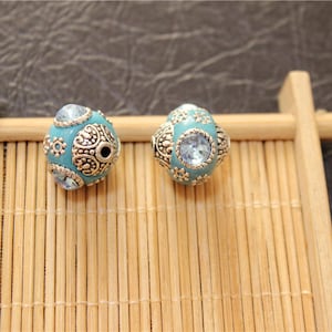 2 pcs beads Indonesian Nepalese ethnic hand made round blue with strass