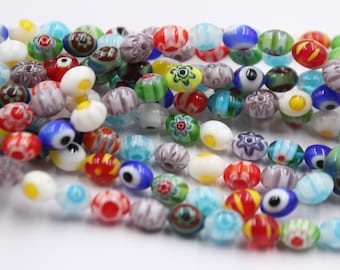a string of 52 pcs beads millefiori glass oval 8mmX6mm multicolor
