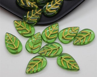 100 pcs glass  beads charms pendants leaf flower gold stripe