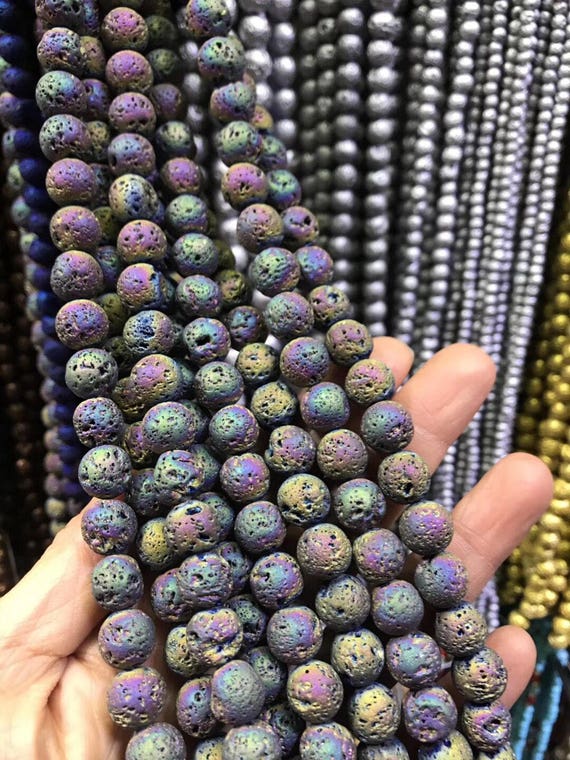a string of beads Black Lava iridescent Stone Beads Mala Beads 8mm