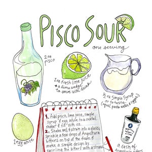 Pisco Sour Illustrated Classic Chile & Peru Cocktail Recipe Watercolor Art Print image 2