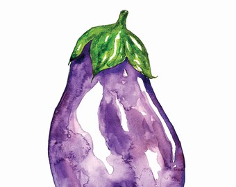 ナスのイラスト入り水彩画アートプリント/キッチン/ガーデン/野菜