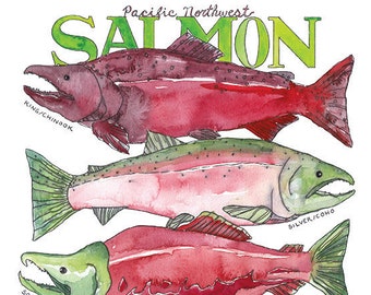 Pacific Northwest Salmon Watercolor Art Print / West Coast Sea Life Illustration
