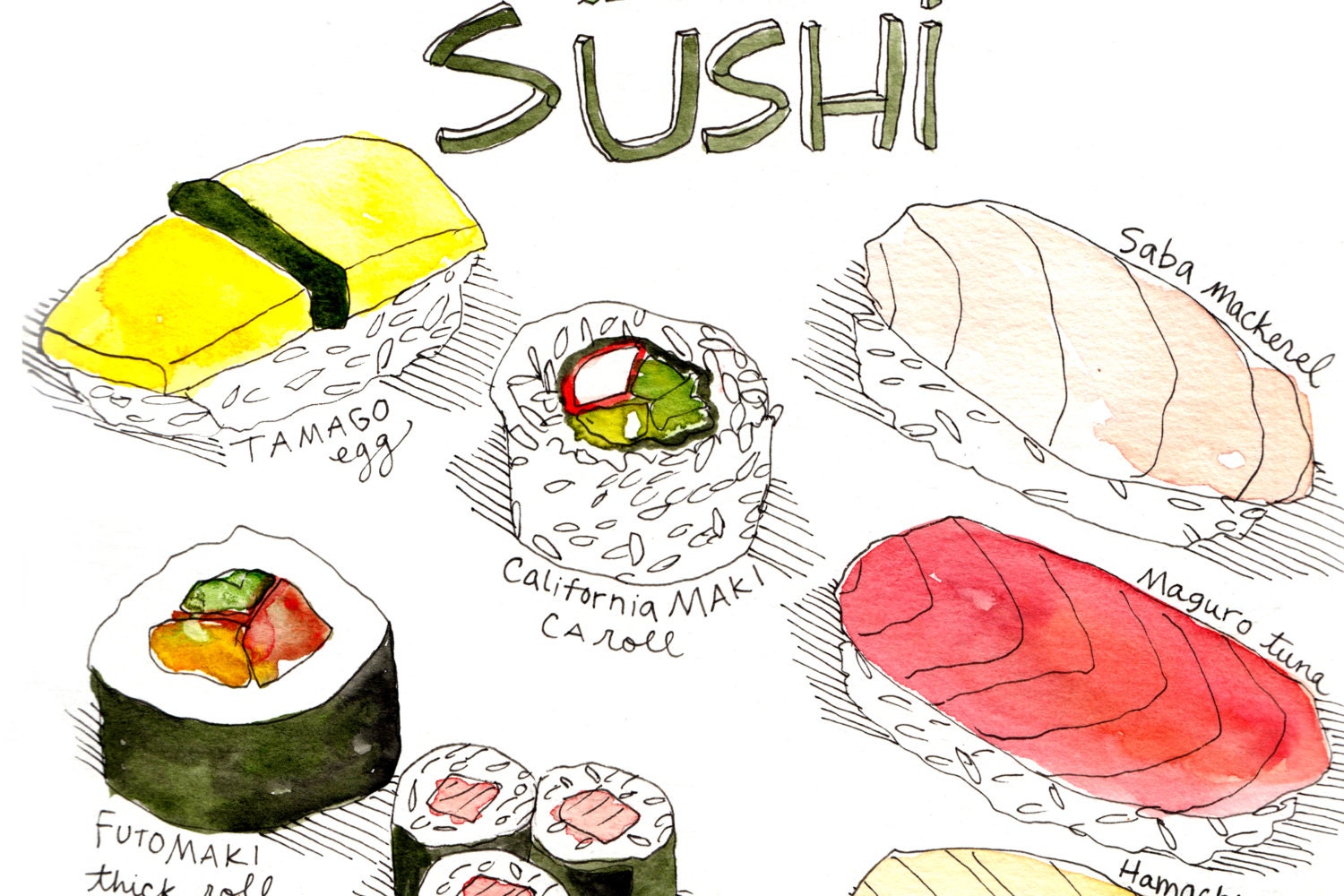 Types of Sushi Art Print / Japanese Food Watercolor W/ Tamago - Etsy