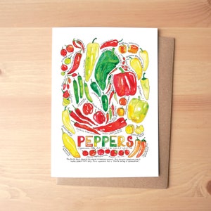 Aquarelle illustrée jardin piment rouge, vert et jaune épicé Papeterie/carte de voeux + enveloppe