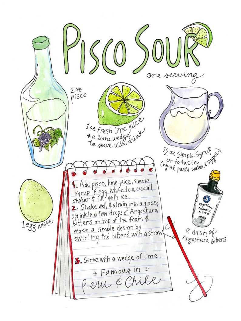 Pisco Sour Illustrated Classic Chile & Peru Cocktail Recipe Watercolor Art Print image 2