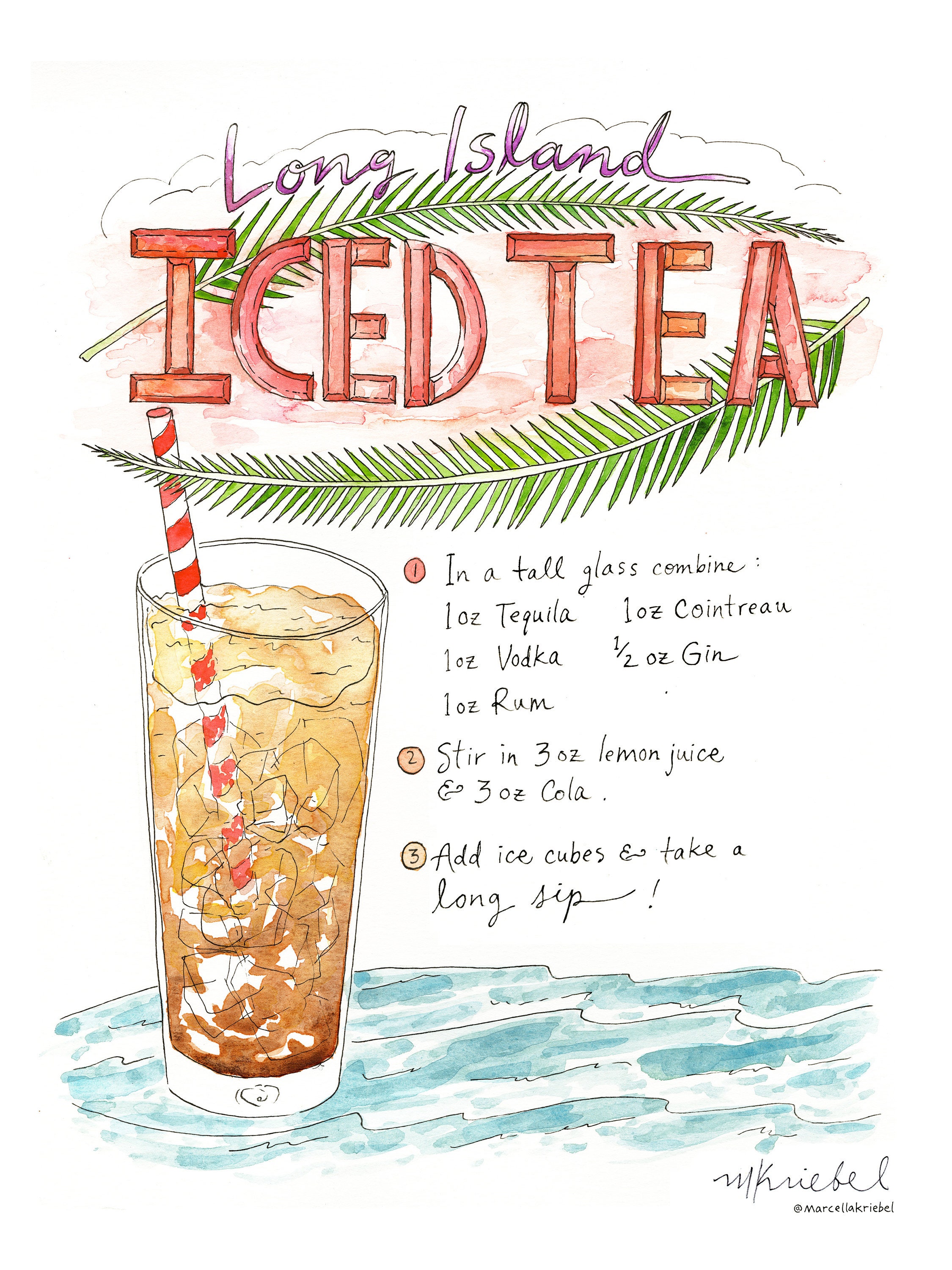 Long Island Iced Tea Illustrated Recipe Art Print / Watercolor Etsy