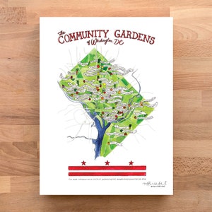 Kaart Community Gardens Washington, DC / aquarelprint 9 x 12 inch van het District of Columbia Urban Gardens