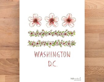 Stampa artistica ad acquerello con bandiera di Washington D.C. e fiori di ciliegio