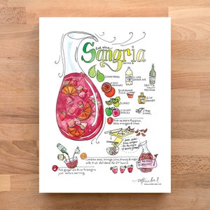 Classic Sangria Cocktail Illustrated Recipe Watercolor Art Print