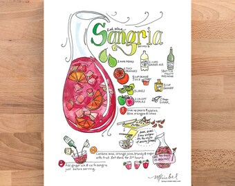 May include: A watercolor illustration of a pitcher filled with red wine sangria, with a list of ingredients and instructions for making the drink. The ingredients include pears, oranges, limes, apples, ginger ale, brandy, and sugar. The instructions say to combine the ingredients and let stand for 2+ hours. Add ginger ale and ice just before serving.