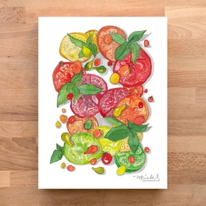 Fresh Heirloom Tomato & Basil Salad Illustrated Watercolor Print • Art for Kitchen of Seasonal Produce