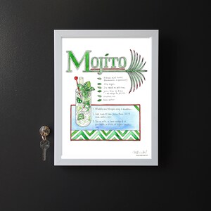 May include: A watercolor illustration of a mojito cocktail recipe. The image includes a glass of mojito, a list of ingredients, and instructions on how to make the drink. The text reads "Mojito", "10 fresh mint leaves", "2 tbsp sugar", "juice from 1 lime", "2 oz white rum", "soda water", "1. Muddle mint & sugar using a muddler", "2. Add rum & lime juice, then ice & soda water, stir", "3. Serve with a lime wedge & if available, a stick of sugar cane."