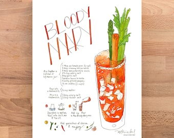 May include: A watercolor illustration of a Bloody Mary recipe with a glass of the cocktail, garnished with celery stalks, a sprig of asparagus, and a cinnamon stick. The recipe includes ingredients like tomato juice, horseradish, Worcestershire sauce, celery salt, garlic salt, Tabasco sauce, pepper, vodka, and water. The text "BLOODY MARY" is written in large, red letters at the top of the illustration.