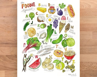 Stampa artistica ad acquerello dell'alfabeto del buongustaio - ABC illustrato