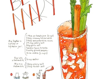 Bloody Mary Illustrated Recipe Art Print / Watercolor Cocktail Illustration for Bar Cart