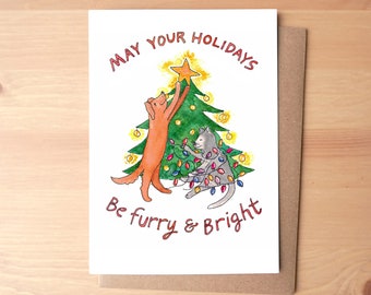 Furry and Bright Holiday Christmas Illustrated Blank Greeting Card/Stationery + Envelope