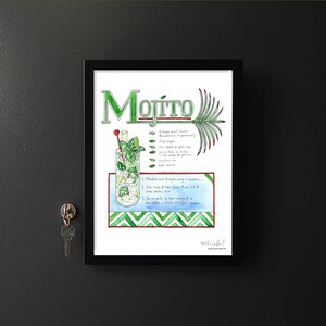 May include: A watercolor illustration of a mojito cocktail recipe. The image features a glass of mojito with mint leaves, lime, and ice. The recipe is written in a handwritten font and includes the ingredients and instructions for making the drink.