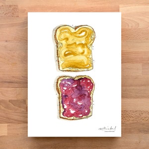 Peanut Butter & Jelly Classic Sandwich 9x12 Illustrated Watercolor Art Print / Kitchen Art
