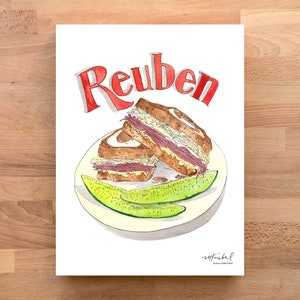 Ilustración de acuarela del clásico sándwich Reuben con pan de centeno y pepinillos, impresión artística / arte de cocina